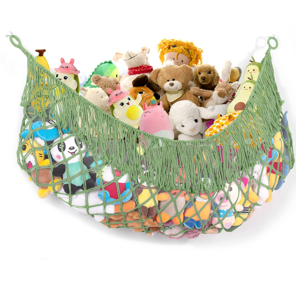 PrimZooty stuffed animal hammock on wall pocket storing plush toys neatly.