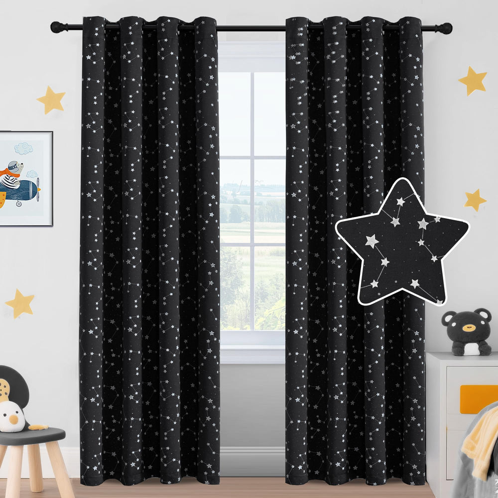 PrinceDeco star-pattern blackout curtains with glow effect create cozy night-sky ambiance for kids.