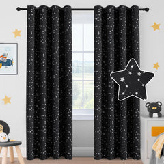 PrinceDeco star-pattern blackout curtains with glow effect create cozy night-sky ambiance for kids.