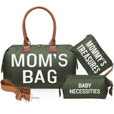 printe mom bag olive green front view showing spacious main compartment for newborn essentials