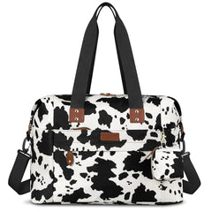 Pritent cowprint diaper bag tote pacifier case enables quick access to small essentials.