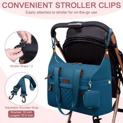 Pritent Diaper Bag Tote blue waterproof fabric resists spills for easier cleaning.