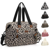 Pritent diaper bag tote leopard open shows a spacious interior for easy diaper and wipe access