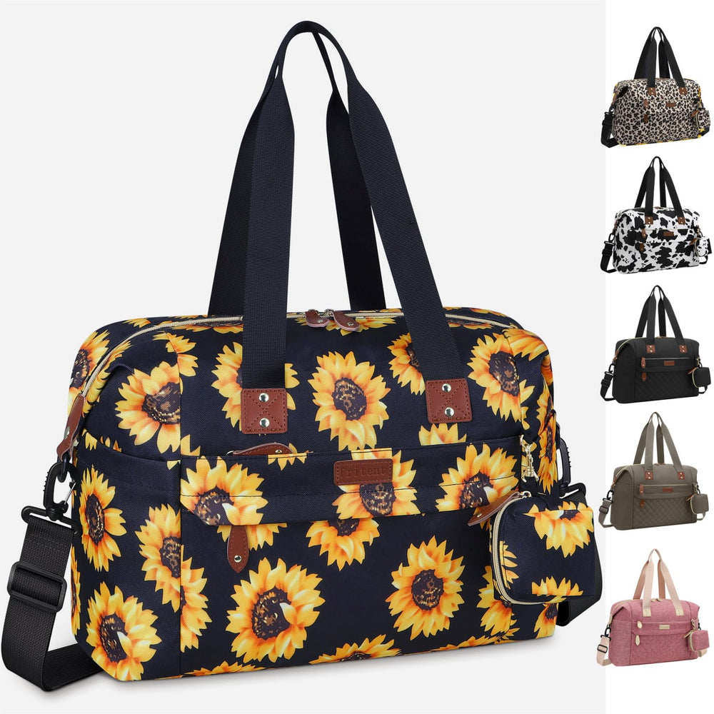 Pritent diaper bag tote sunflowers front view shows spacious layout for quick on the go essentials