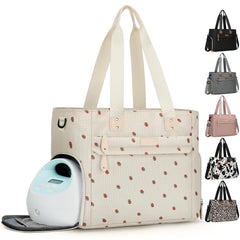 Pritent travel diaper bag tote in strawberry offers spacious organization for baby essentials and a laptop.