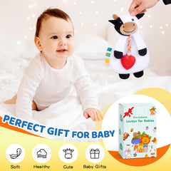 Pro Goleem Cow Lovey teether includes BPA-free silicone for soothing teething.