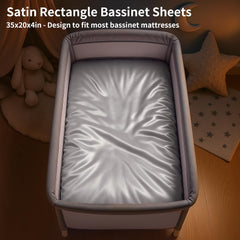 Pro Goleem satin bassinet sheet packaging highlights easy care and packaging design.