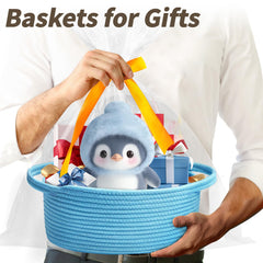 Pro Goleem basket with ribbon in blue enhances gifting and decor appeal.