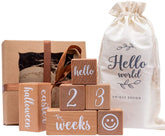 Promise Babe milestone blocks as a wooden photo prop for monthly growth milestones.