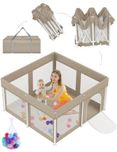 Ptcide Foldable Playpen beige open; quick setup for safe indoor play