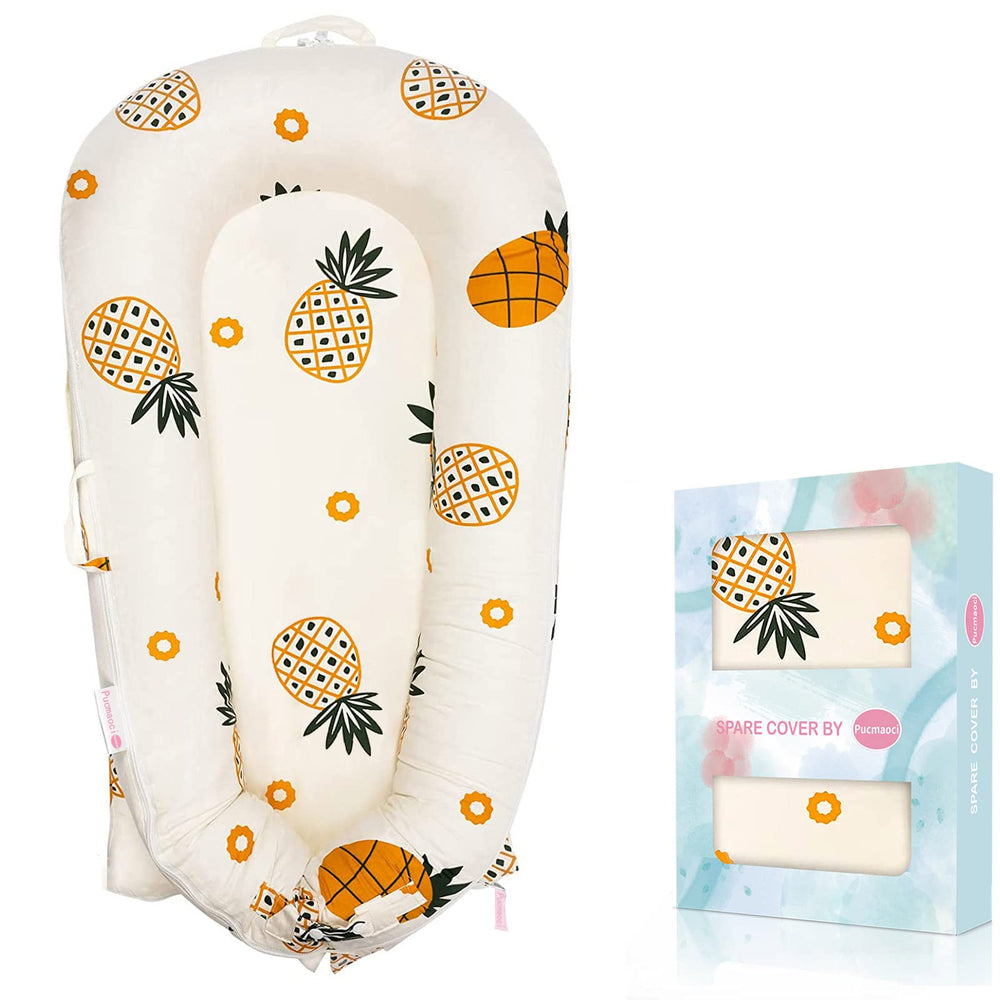 Pucmaoci pineapple cover for DockATot Deluxe+, breathable cotton promotes comfy naps.