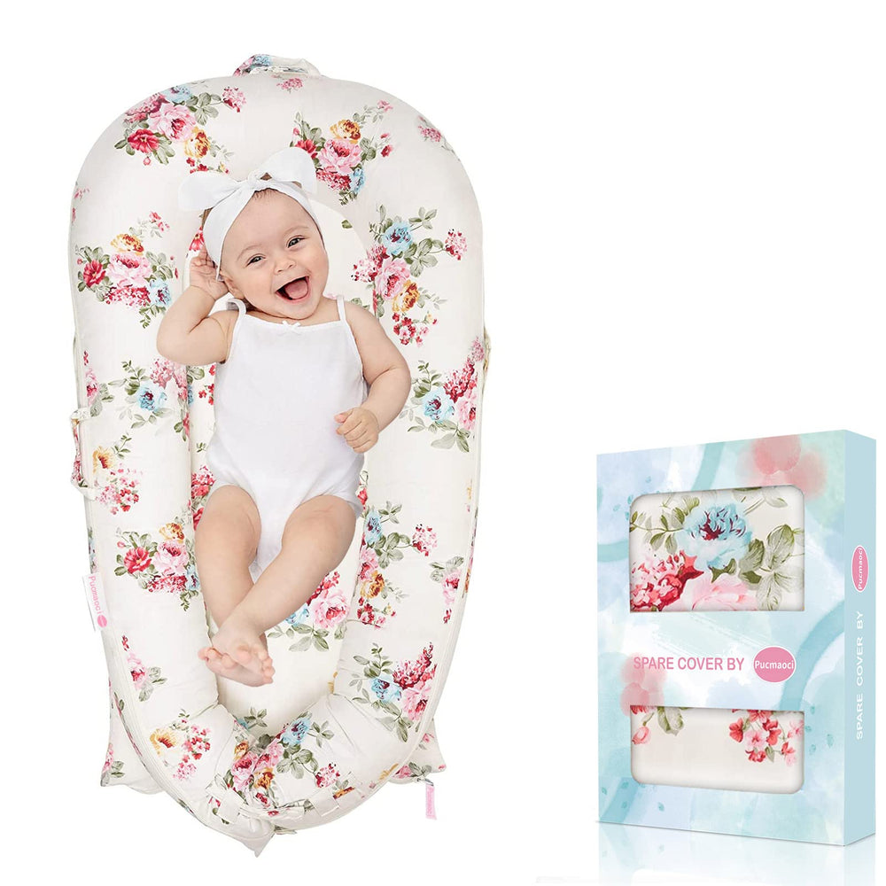 Pucmaoci baby lounger cover on a Dockatot Deluxe+ in Rose showing secure fit for cozy lounging.