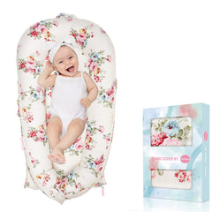 Pucmaoci baby lounger cover on a Dockatot Deluxe+ in Rose showing secure fit for cozy lounging.