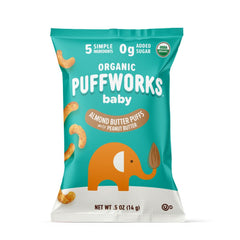 Puffworks Baby Almond Butter Puffs Pack with USDA Organic certification for on the go snacking