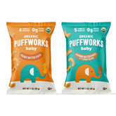 Puffworks baby peanut almond variety pack front view, organic certified snack options