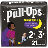 Pull-Ups girls' nighttime pants packaging highlights kid-friendly overnight design for easy changes.