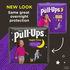 Pull-Ups nighttime pants absorbency 12 hours image emphasizes extended overnight protection.