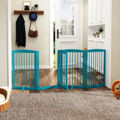 PUPETPO folding dog gates shown folded for compact indoor storage.