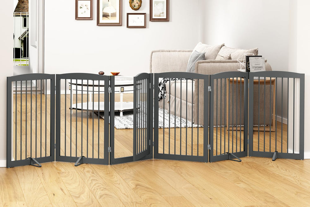 PUPETPO freestanding pet gate with door; easy walk-through access for owners.