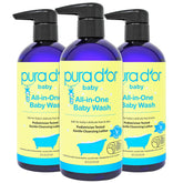PURA D'OR All-in-One Baby Wash bottle front demonstrates a tear-free, gentle clean for baby skin.