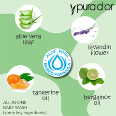 PURA D'OR All-in-One Baby Wash shampoo closeup shows 2-in-1 gentle formula for scalp and body.