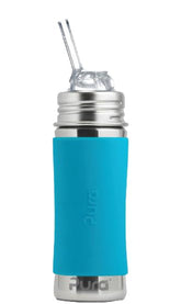 Pura Kiki bottle with aqua sleeve demonstrates plastic-free hydration for kids.
