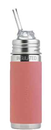 Pura Kiki rose bottle closeup shows plastic-free design for kid hydration.