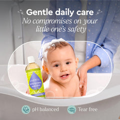 Puracy Baby Shampoo & Body Wash label closeup shows clean ingredients promise.