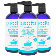 PURA D'OR Kids Wash bottle-pour demonstrates tear-free, gentle cleansing for delicate skin.