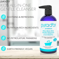 PURA D'OR Kids Wash bubble-bath close-up shows soothing bubbles for bath time play.