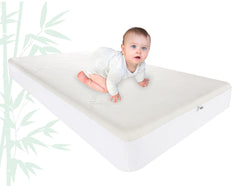 Pure Bamboo crib mattress protector overview shows snug fit and moisture protection for clean sleep.