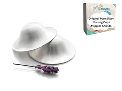 PÜRMAVERA Silver Nursing Cups packaging shows nipple protection during breastfeeding.