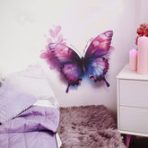 Purple butterfly wall sticker closeup highlights vibrant color and simple application.