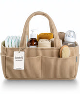 PUTSKA baby diaper caddy corduroy mocha on changing table helps quick access to wipes.