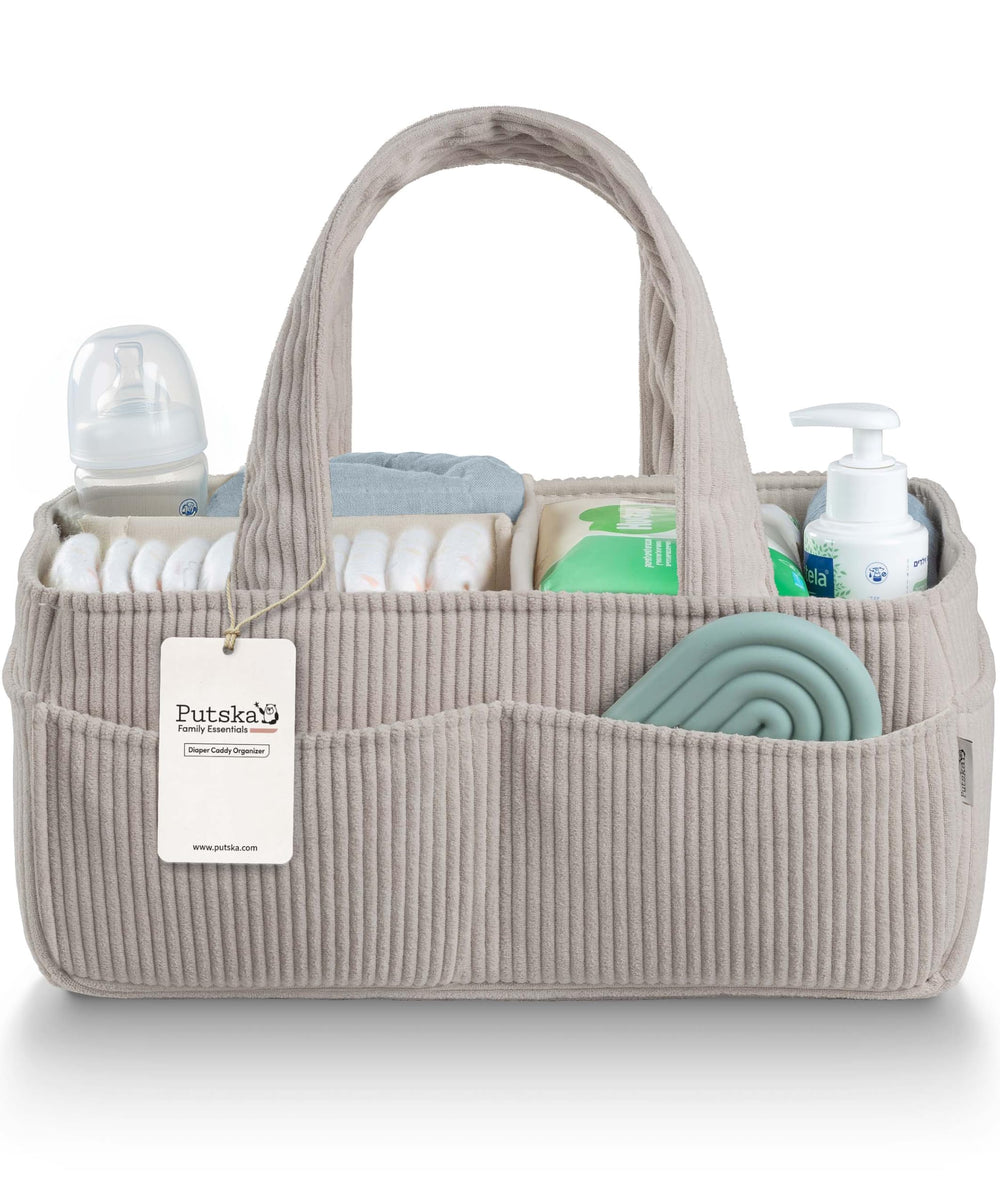 PUTSKA diaper caddy close-up in corduroy grey for stylish nursery storage.