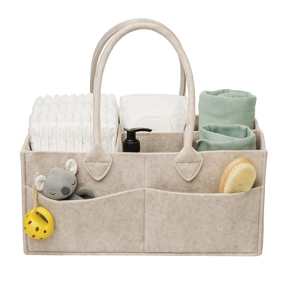 PUTSKA baby diaper caddy in dark mocha keeps diapers and wipes within easy reach