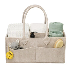 PUTSKA baby diaper caddy in dark mocha keeps diapers and wipes within easy reach