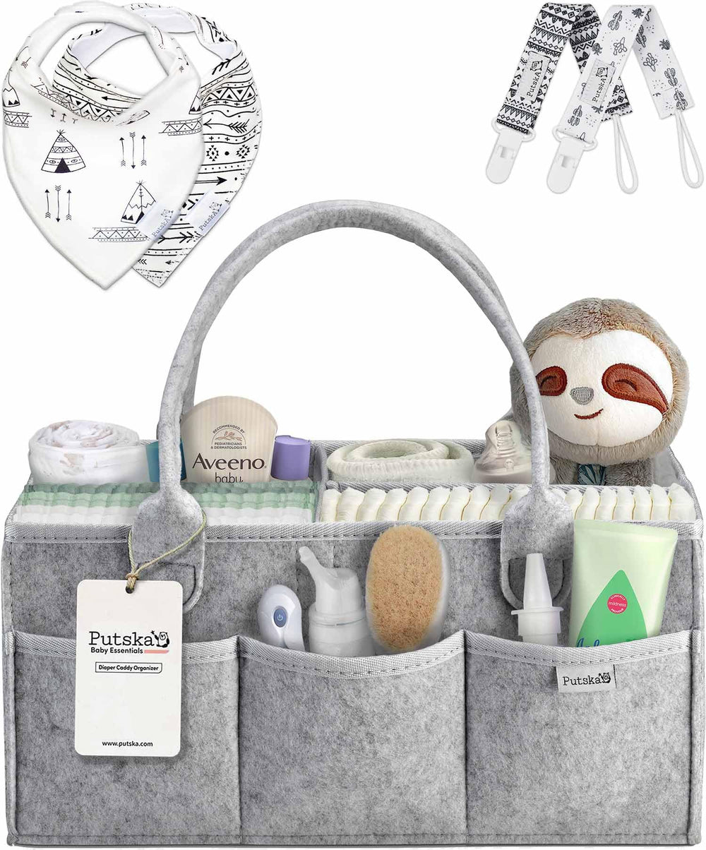 Putska baby diaper caddy organizer keeps essentials handy during quick diaper changes.