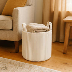 PUTSKA Blanket Basket round cream front view for organized toys and blankets
