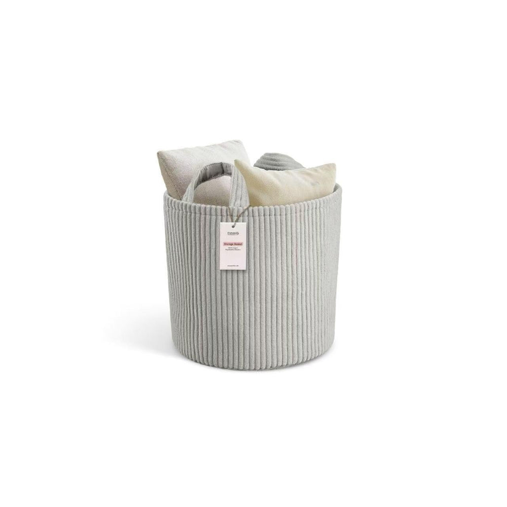 PUTSKA Blanket Basket round front view shows soft corduroy and versatile storage for nursery toy bins