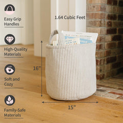 PUTSKA blanket basket round grey open demonstrating easy access for clothes and toys.