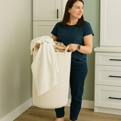 PUTSKA laundry basket XXL cream side view highlights tall design for bulk laundry