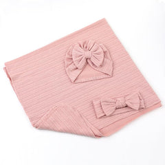 QandSweet newborn hat pink beige set demonstrates stretchy comfort for secure swaddles.