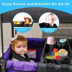 QAZWQAZ Stroller Snacks Tray W4 with mesh pockets for quick essentials.