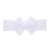Qiansail baby girls lace bow headband white product shot showing soft stretch fabric