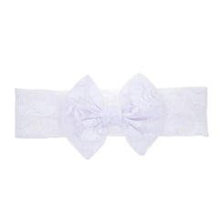 Qiansail baby girls lace bow headband white product shot showing soft stretch fabric
