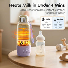 QIBOX bottle warmer battery capacity image emphasizes long-lasting charge for day-long use.