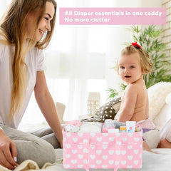 QiANBiRD diaper caddy pink heart open divider shows easy access to essentials.
