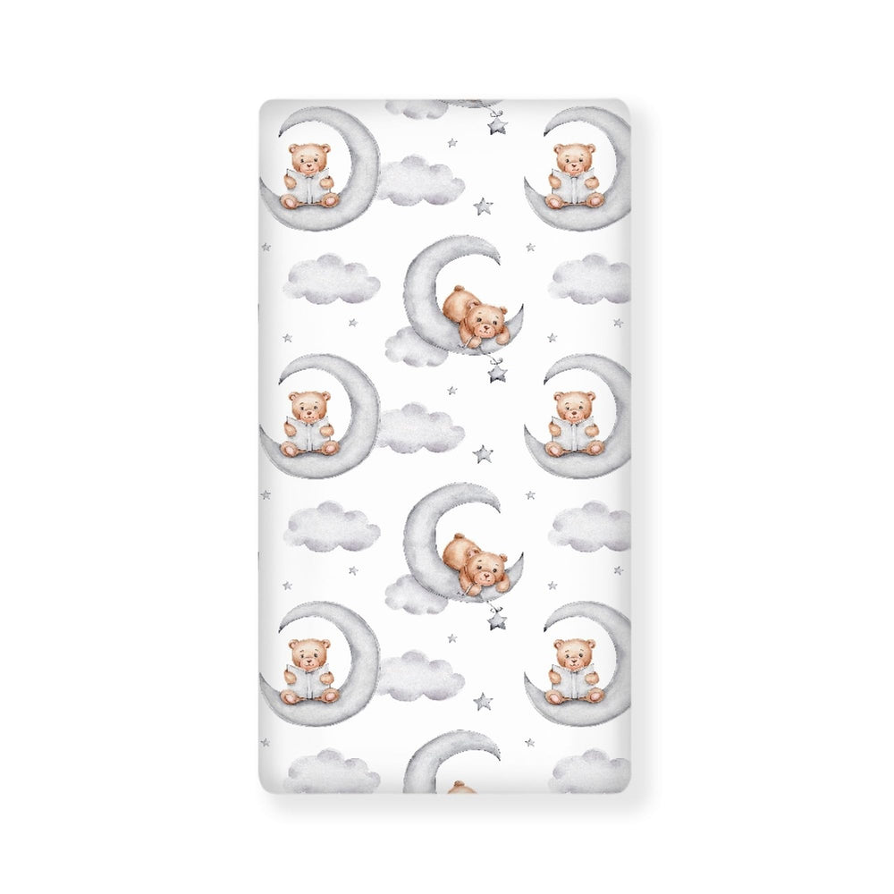 QINBEIDU Teddy Bears watercolor crib sheet with moon and stars offers soft, breathable nap time comfort.