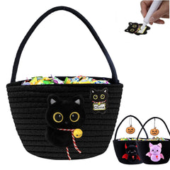 Qinthory black cat round storage basket close-up shows plush detail for cozy toy storage.